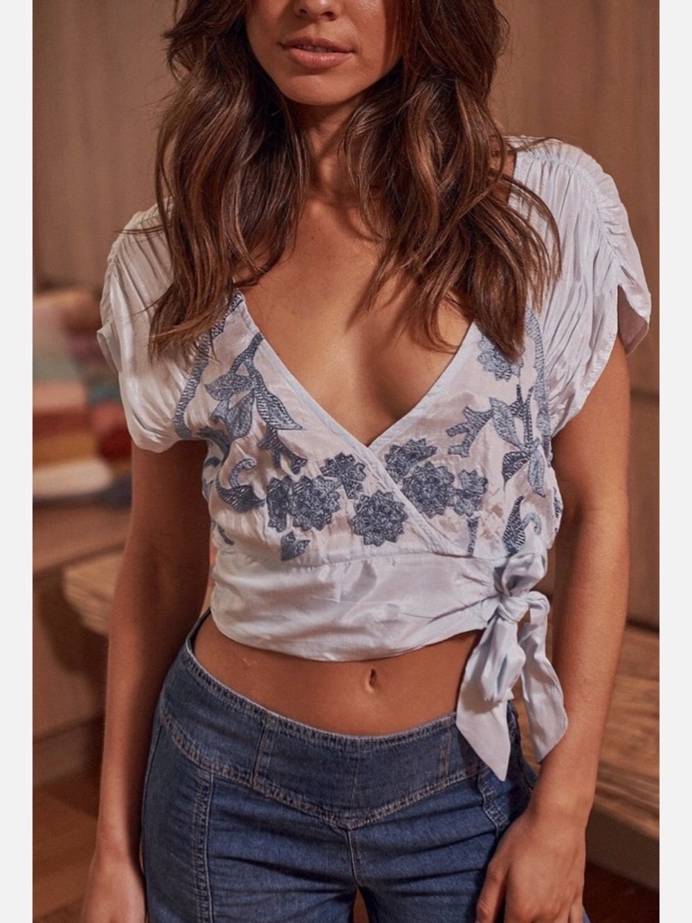 Free People Sahara Embroidered Top Blue Morning - Picture 2 of 7